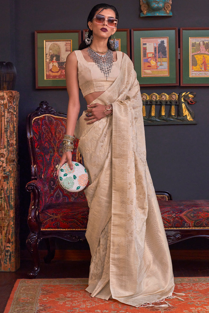 Cameo Beige Zari Woven Banarasi Silk Saree