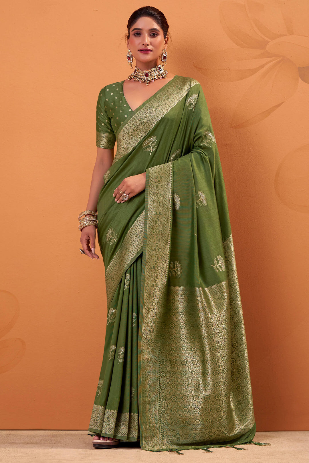 Camo Green Banarasi Tussar Silk Saree