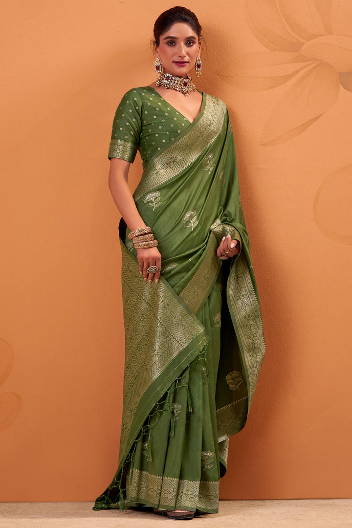 Camo Green Banarasi Tussar Silk Saree