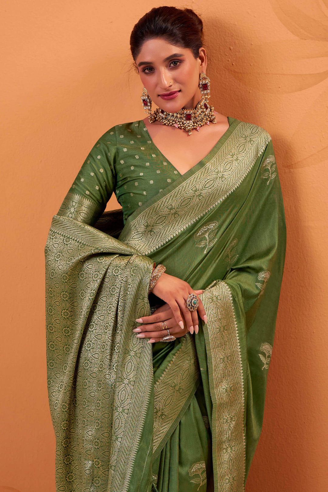 Camo Green Banarasi Tussar Silk Saree