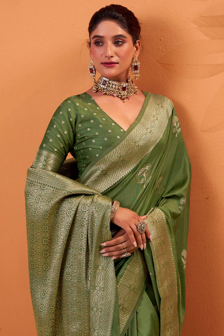 Camo Green Banarasi Tussar Silk Saree