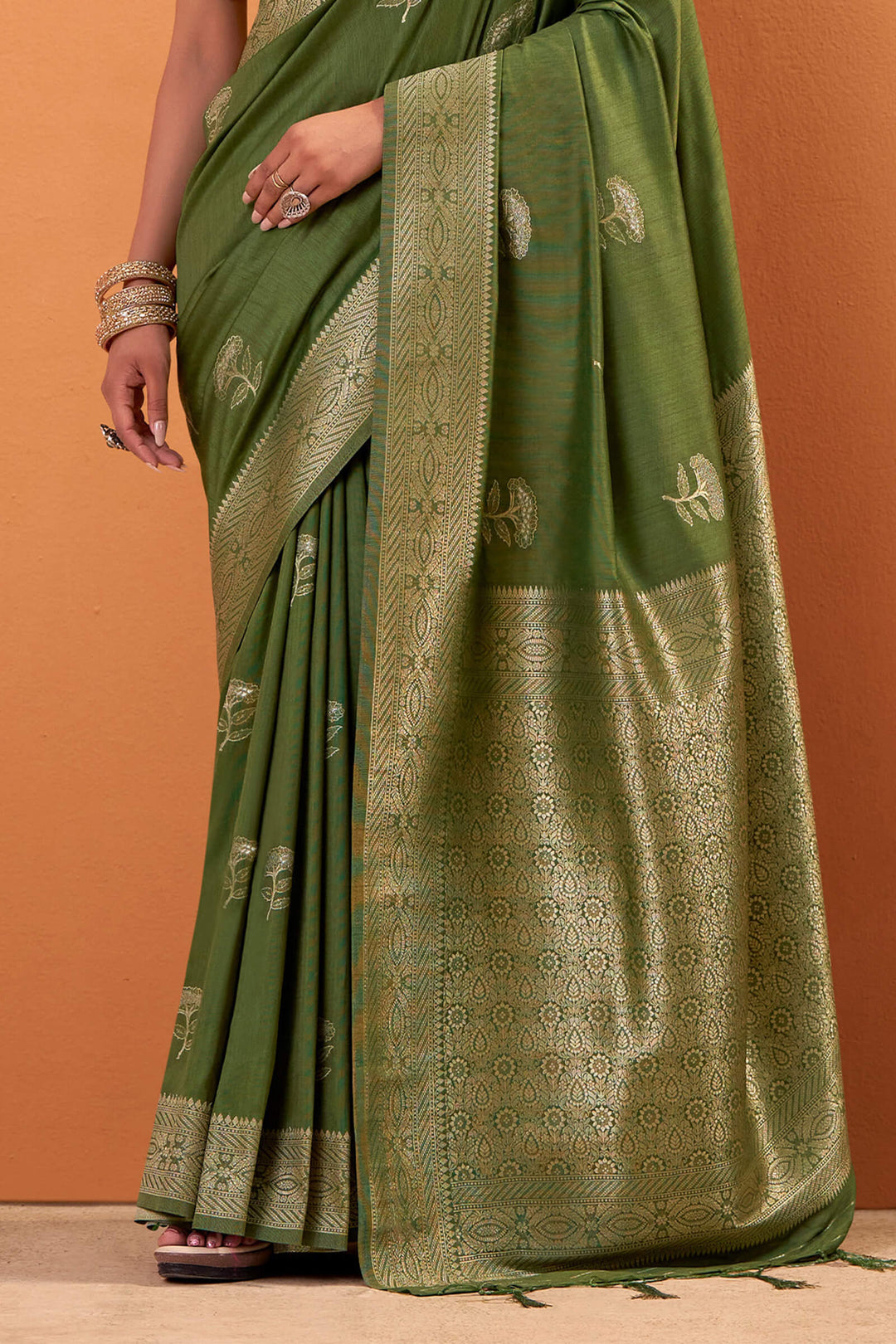 Camo Green Banarasi Tussar Silk Saree