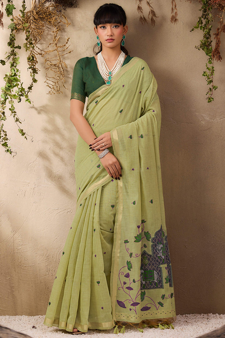 Camo Green Munga Cotton Silk Saree