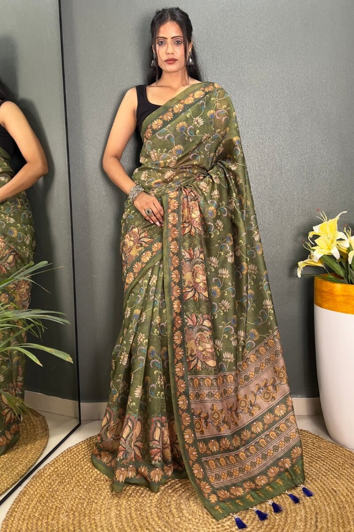 Camo Green Printed Chanderi Silk Saree