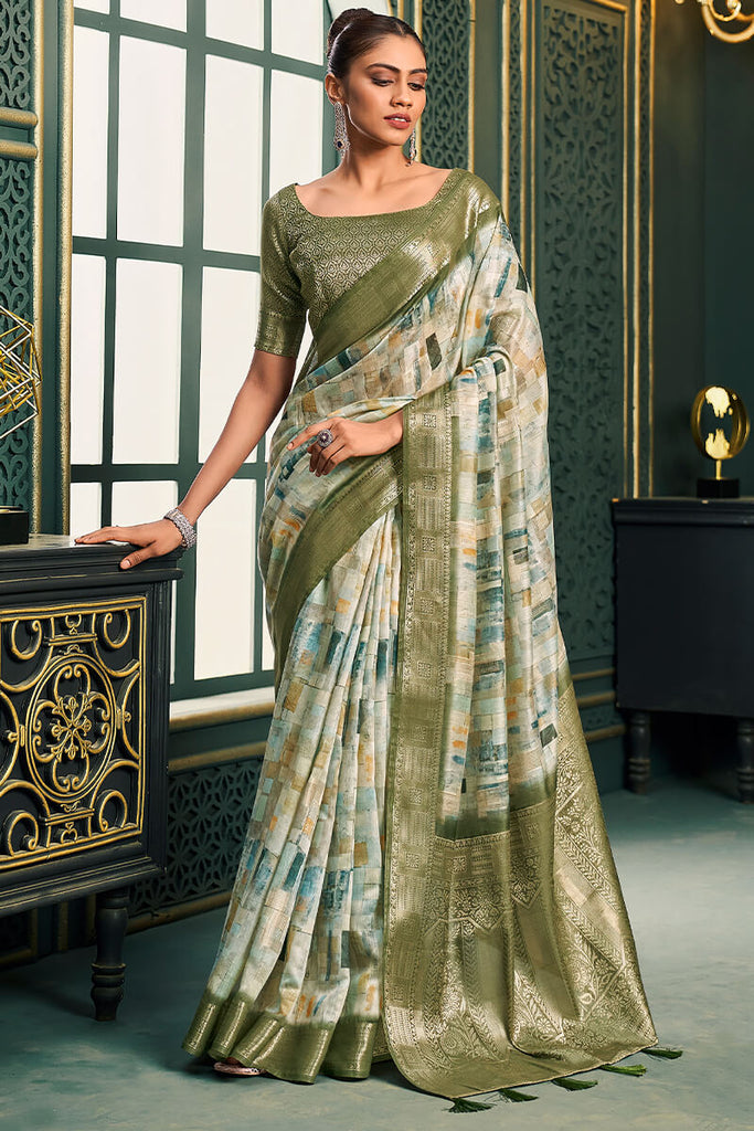 Camo Green Printed Cotton Saree