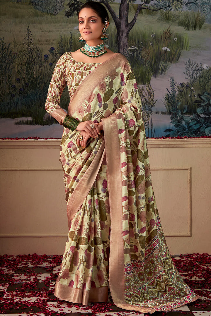 Camo Green Printed Tussar Silk Saree