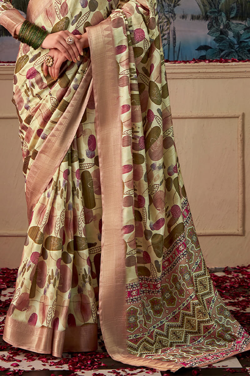 Camo Green Printed Tussar Silk Saree