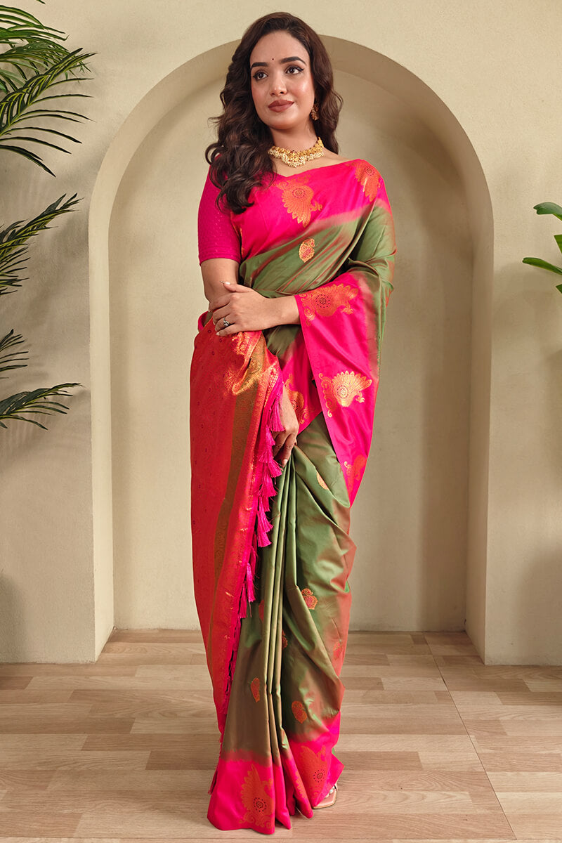 Camo Green Soft Banarasi Silk Saree With Chaap Border