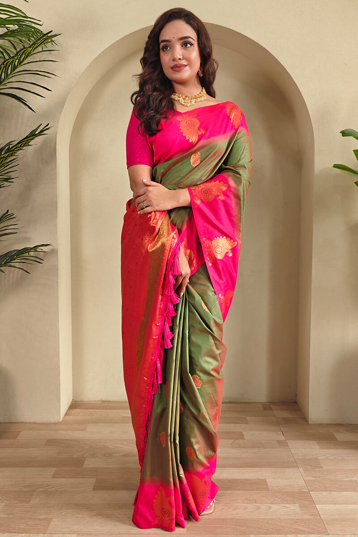 Camo Green Soft Banarasi Silk Saree With Chaap Border
