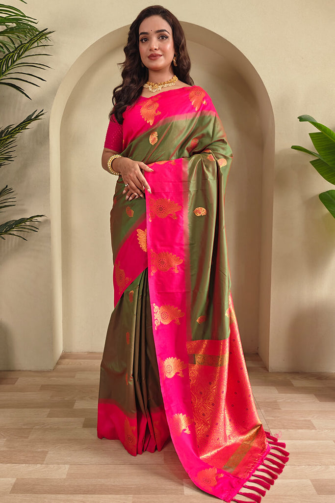 Camo Green Soft Banarasi Silk Saree With Chaap Border