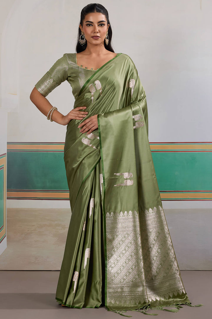 Camouflage Green Banarasi Satin Silk Saree