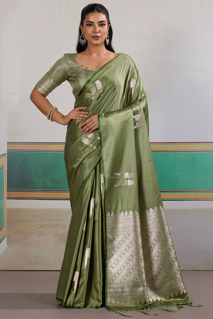 Camouflage Green Banarasi Satin Silk Saree