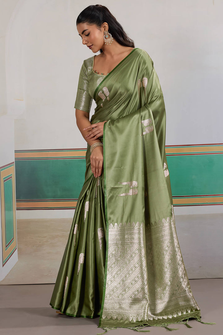 Camouflage Green Banarasi Satin Silk Saree