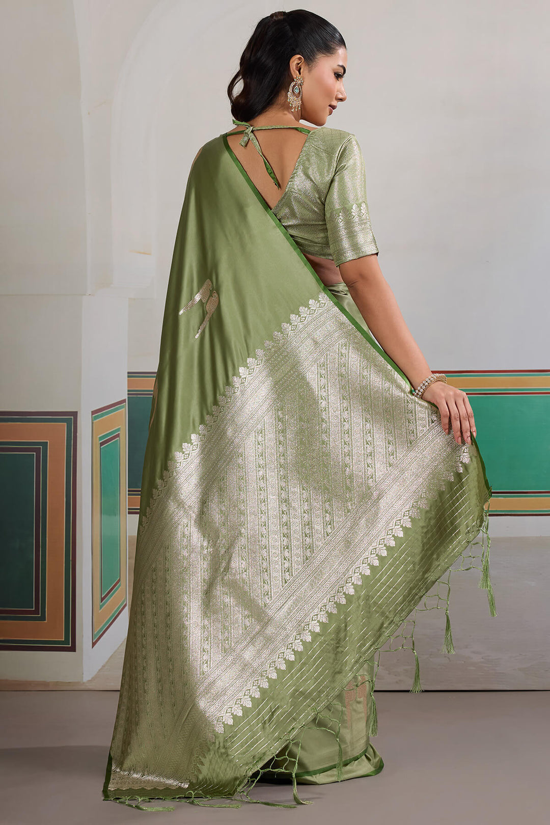 Camouflage Green Banarasi Satin Silk Saree