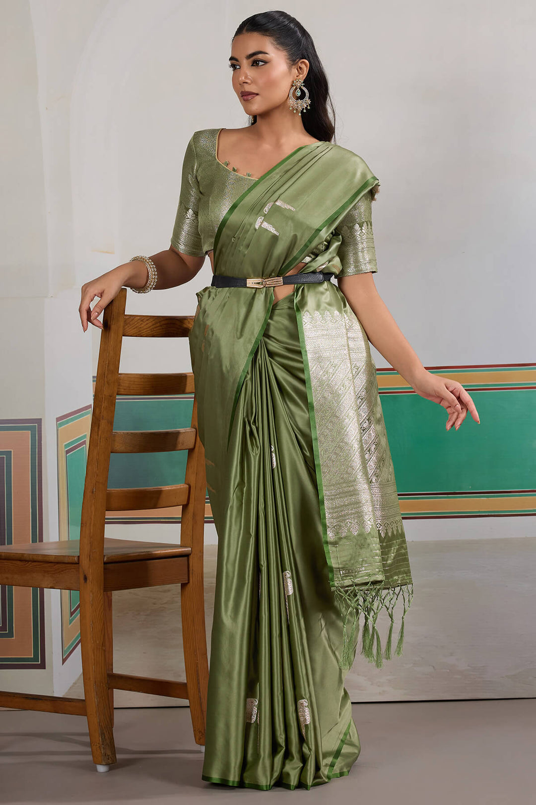 Camouflage Green Banarasi Satin Silk Saree