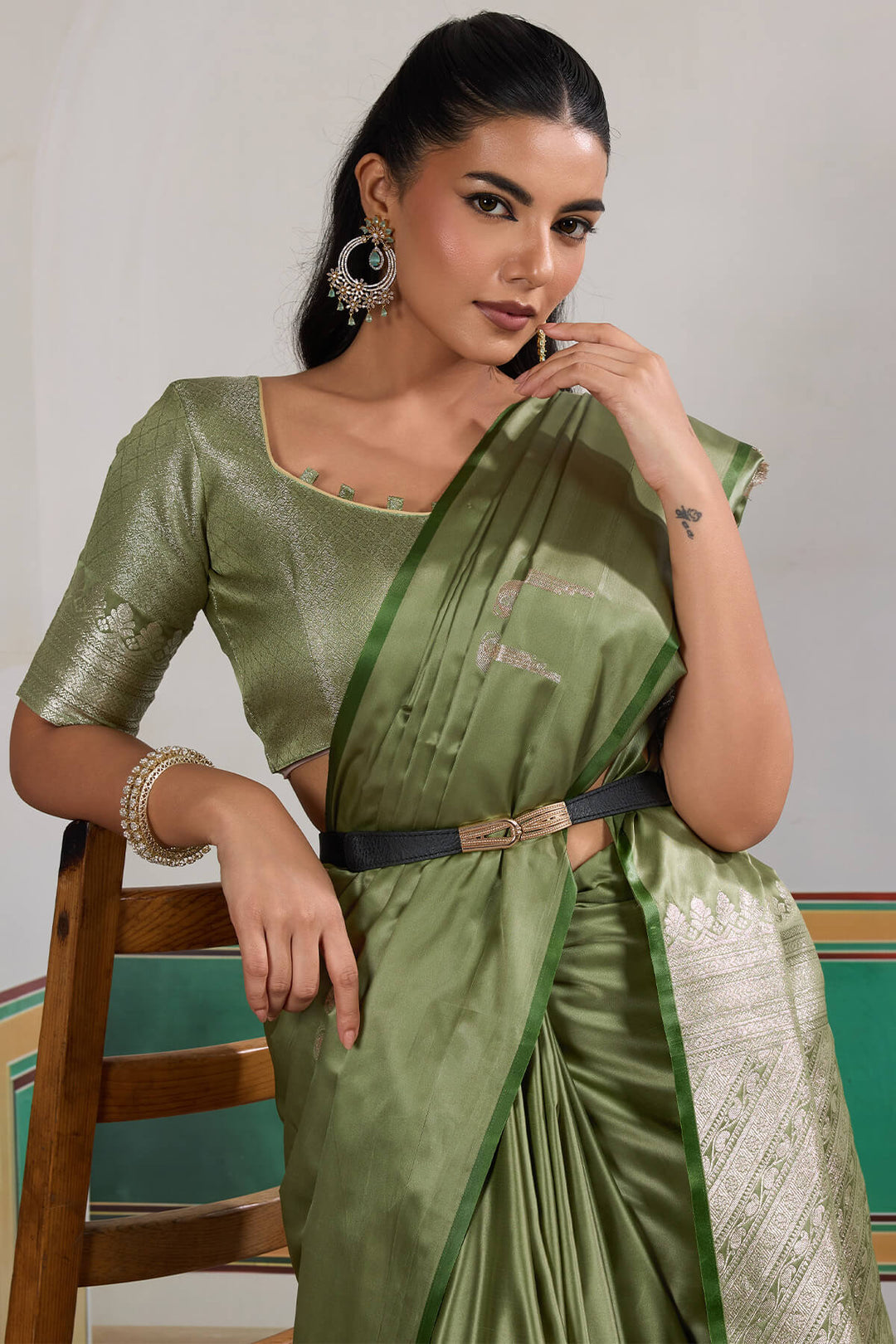 Camouflage Green Banarasi Satin Silk Saree