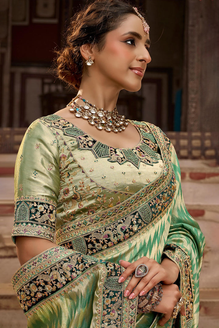 Camouflage Green Hand Work Viscose Saree with Stiched Blouse
