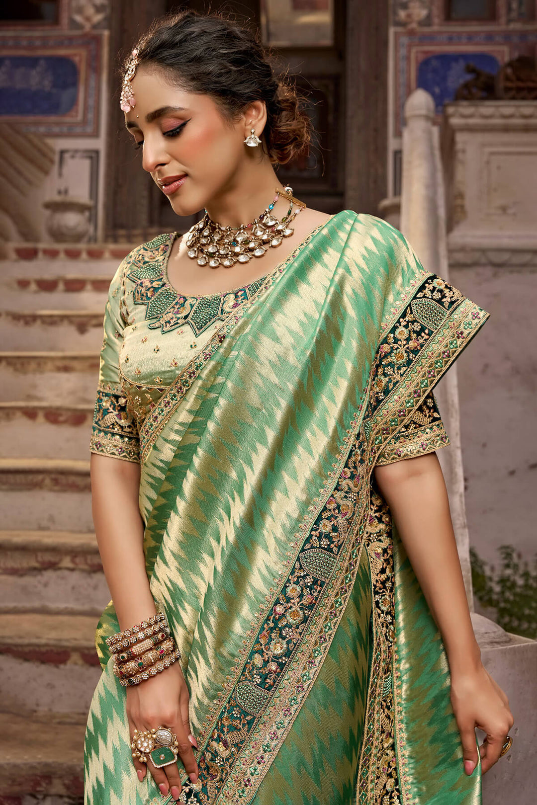 Camouflage Green Hand Work Viscose Saree with Stiched Blouse
