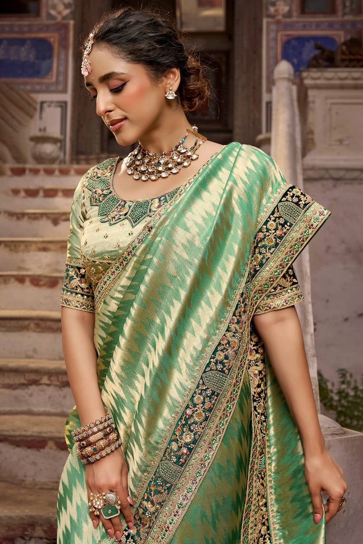 Camouflage Green Hand Work Viscose Saree with Stiched Blouse