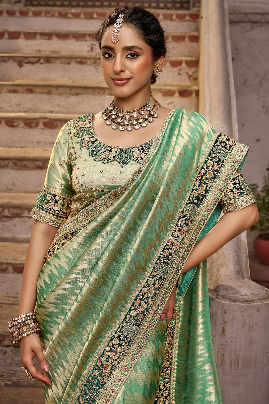 Camouflage Green Hand Work Viscose Saree with Stiched Blouse
