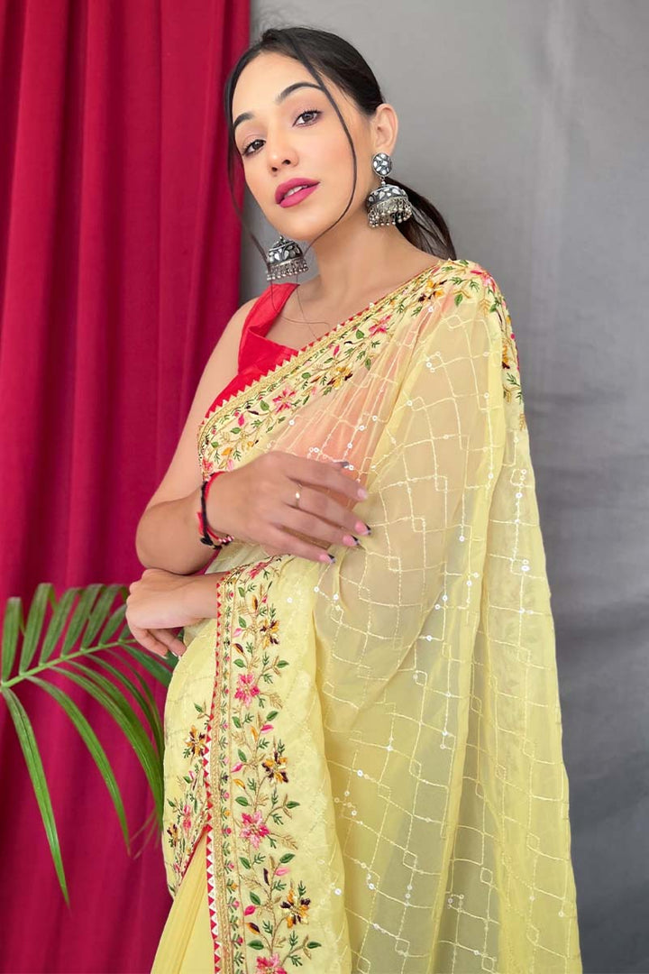 Canary Yellow Embroidered Sequence Work Georgette Saree