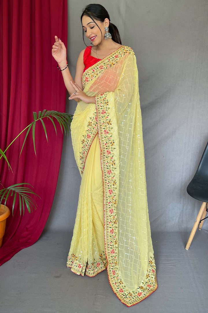 Canary Yellow Embroidered Sequence Work Georgette Saree