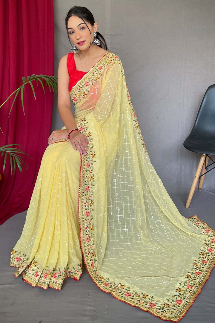 Canary Yellow Embroidered Sequence Work Georgette Saree