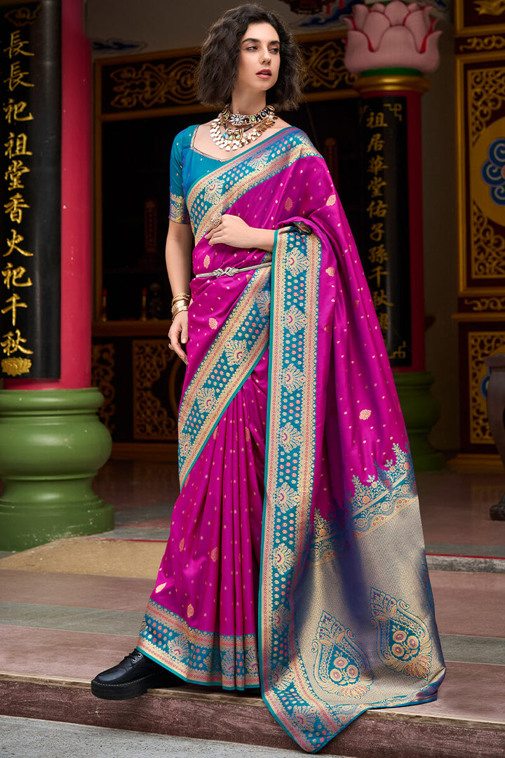 Candy Pink Zari Woven Soft Banarasi Silk Saree