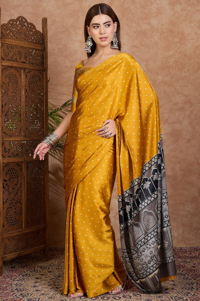 Cantaloupe Yellow Ajrakh Printed Satin Silk Saree