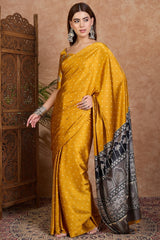 Cantaloupe Yellow Ajrakh Printed Satin Silk Saree