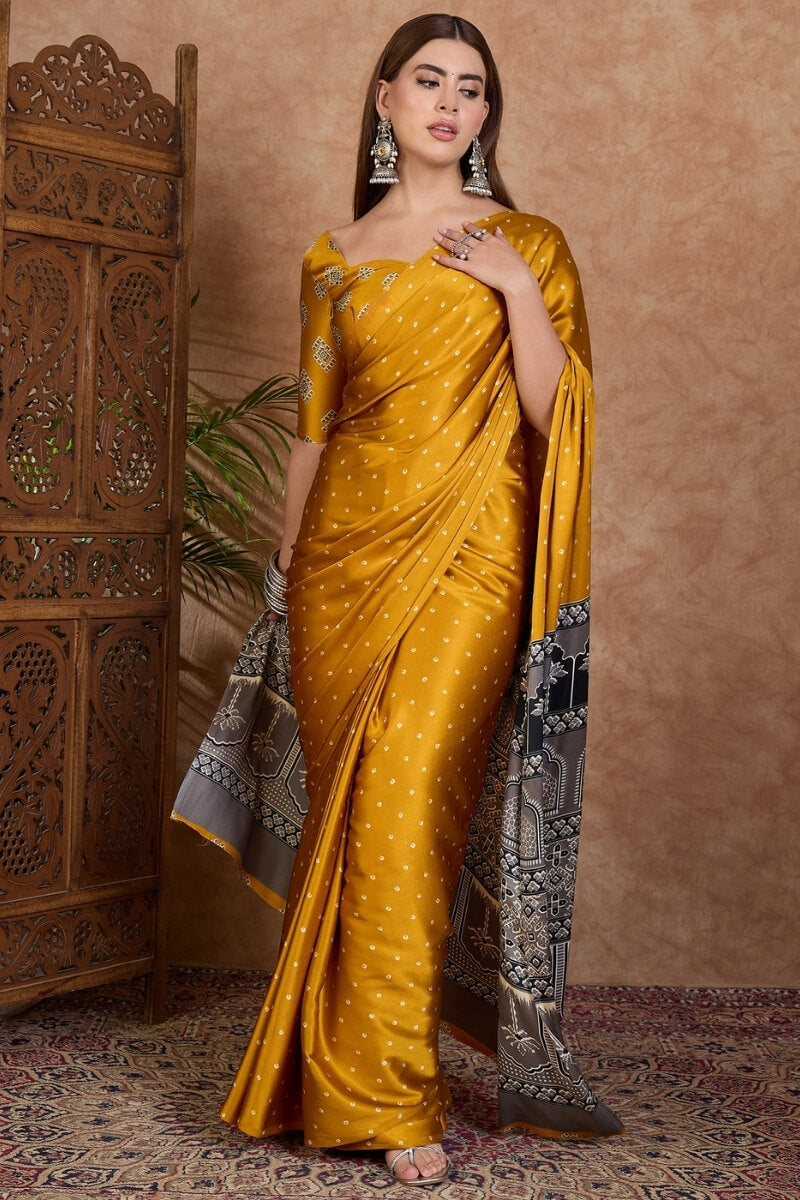 Cantaloupe Yellow Ajrakh Printed Satin Silk Saree