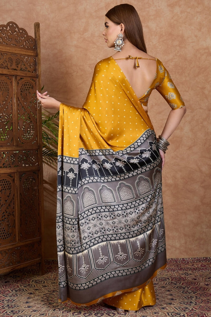 Cantaloupe Yellow Ajrakh Printed Satin Silk Saree