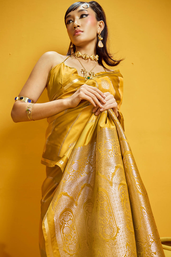 Cantaloupe Yellow Banarasi Satin Silk Saree
