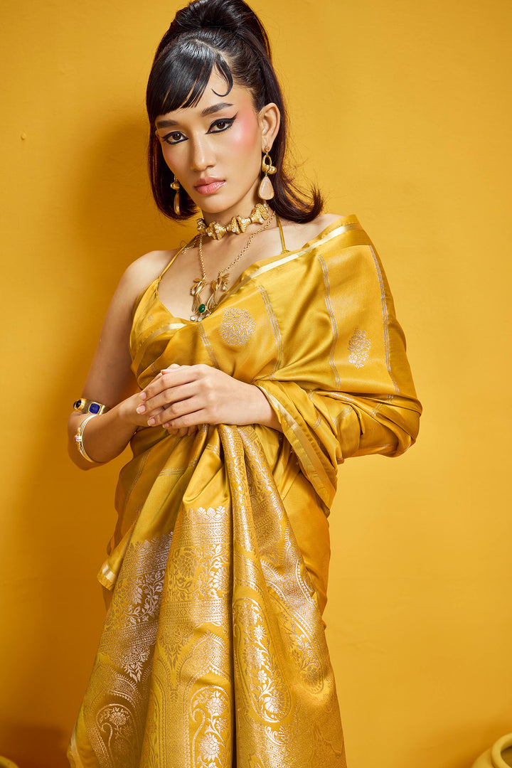 Cantaloupe Yellow Banarasi Satin Silk Saree
