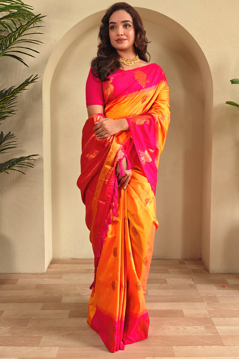 Cantaloupe Yellow Soft Banarasi Silk Saree With Chaap Border