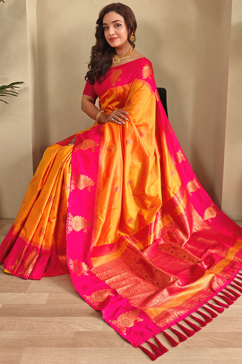 Cantaloupe Yellow Soft Banarasi Silk Saree With Chaap Border