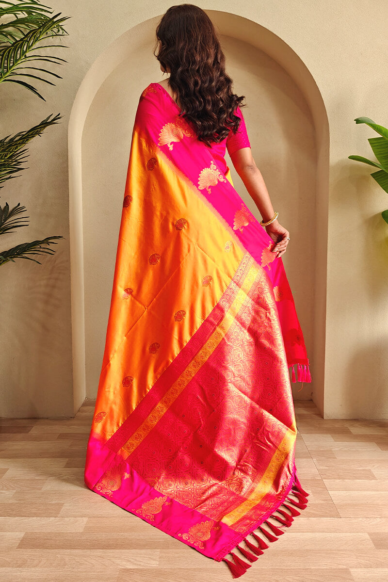 Cantaloupe Yellow Soft Banarasi Silk Saree With Chaap Border