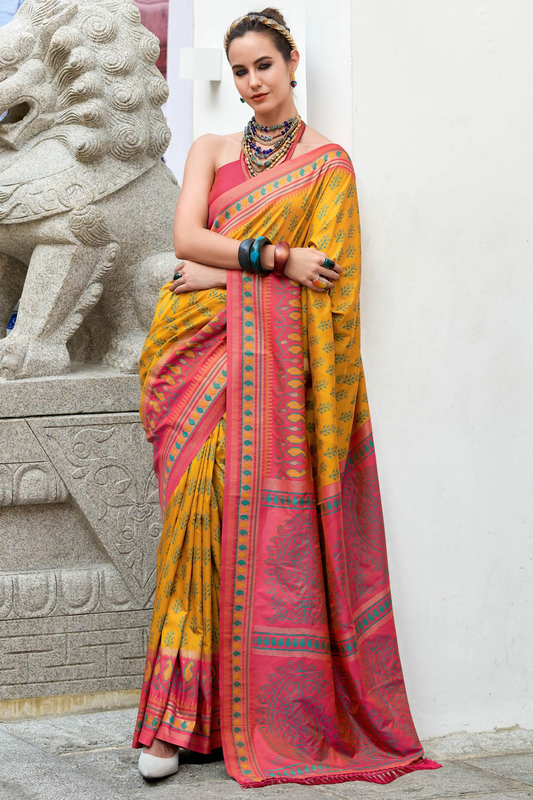 Cantaloupe Yellow Soft Ikkat Silk Saree