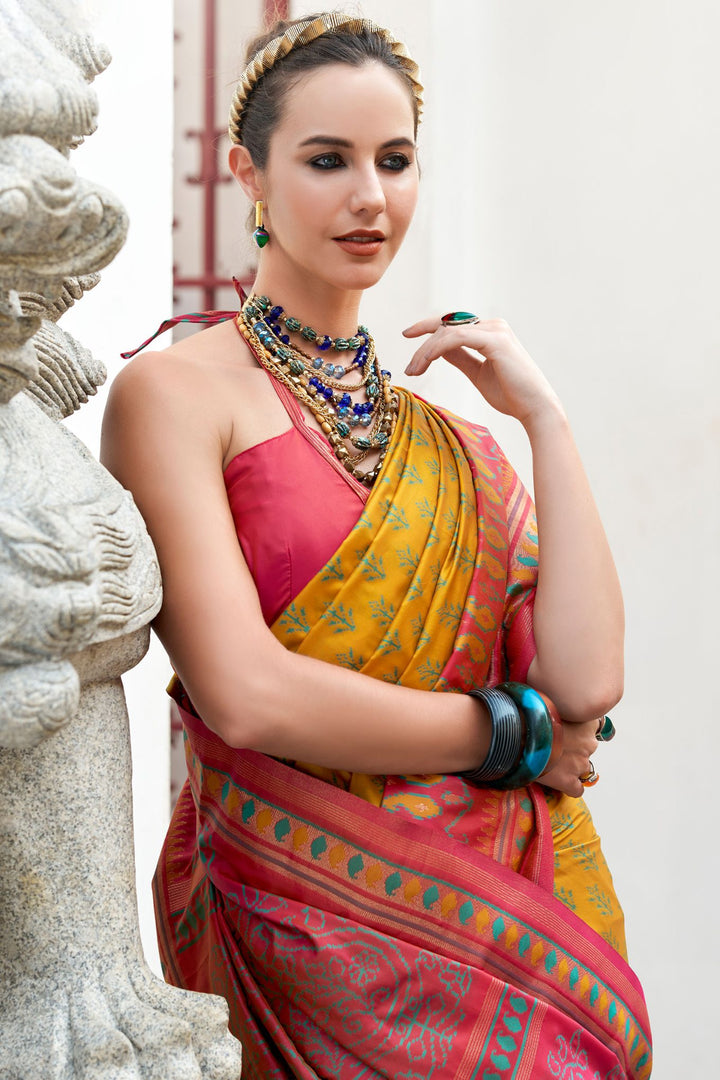 Cantaloupe Yellow Soft Ikkat Silk Saree