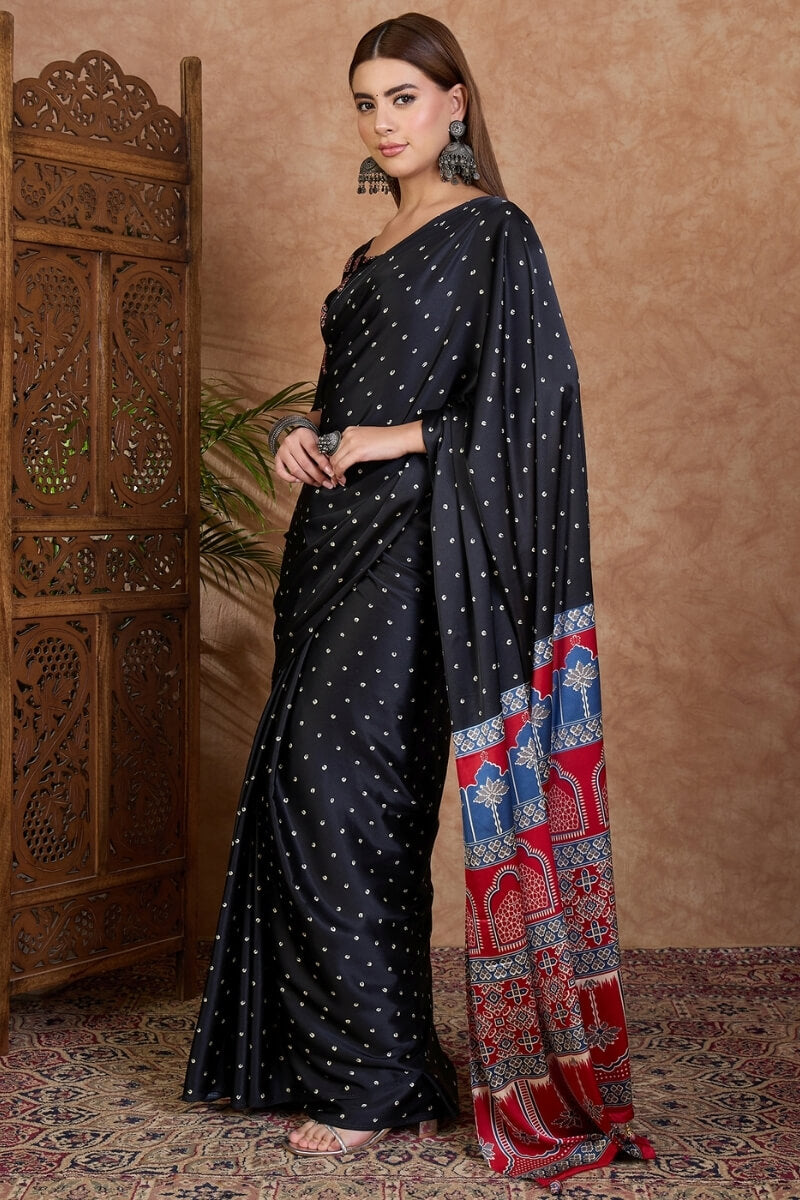 Carbon Black Ajrakh Printed Satin Silk Saree