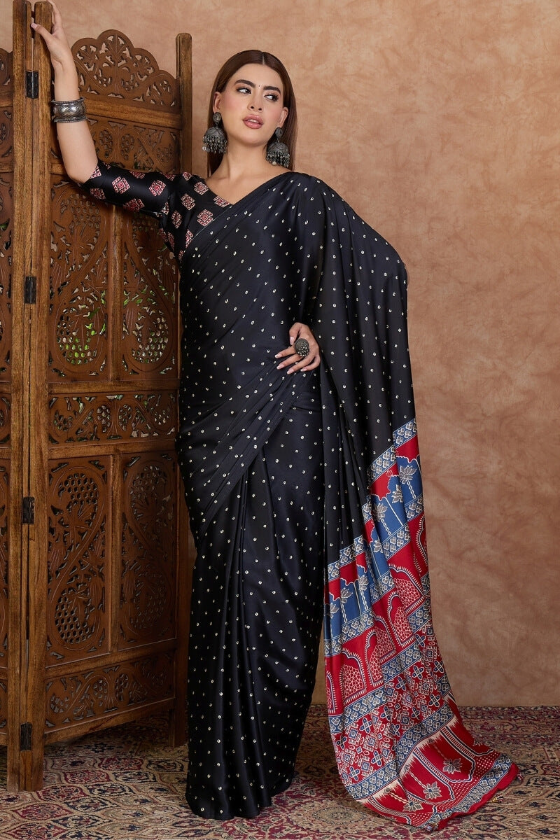 Carbon Black Ajrakh Printed Satin Silk Saree
