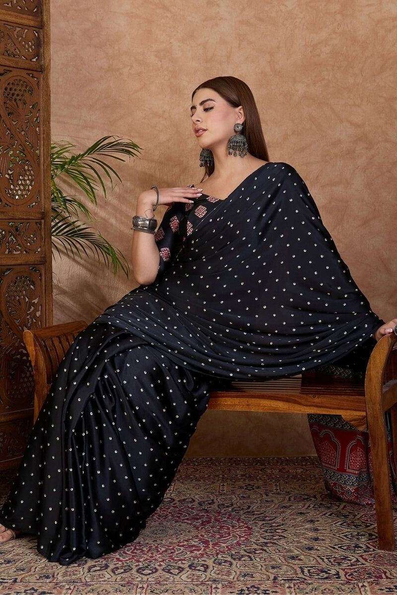 Carbon Black Ajrakh Printed Satin Silk Saree