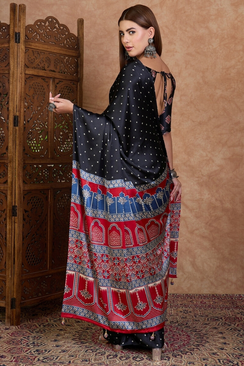 Carbon Black Ajrakh Printed Satin Silk Saree