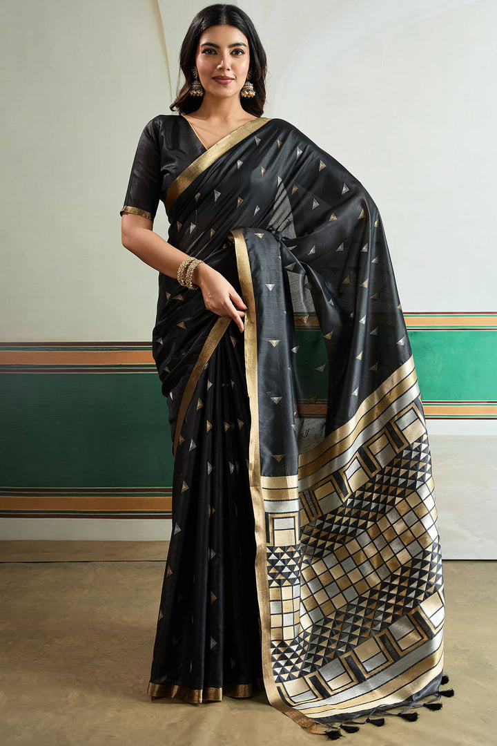 Carbon Black Woven Tussar Silk Saree