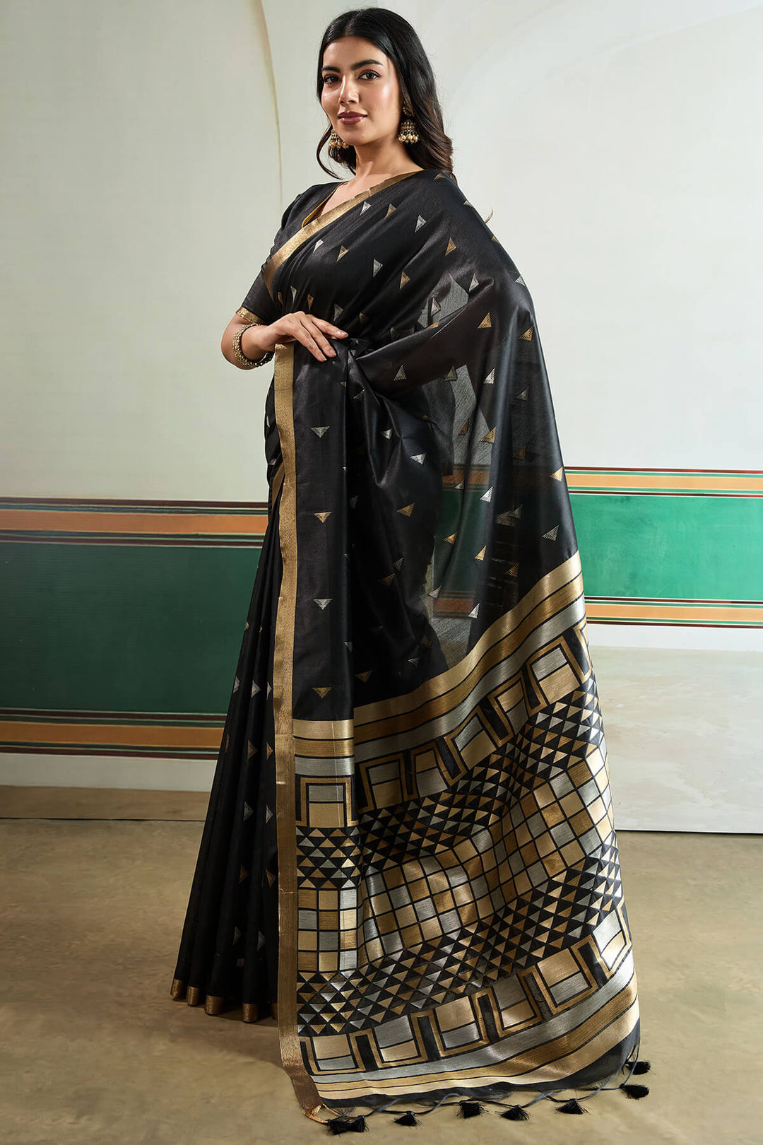 Carbon Black Woven Tussar Silk Saree