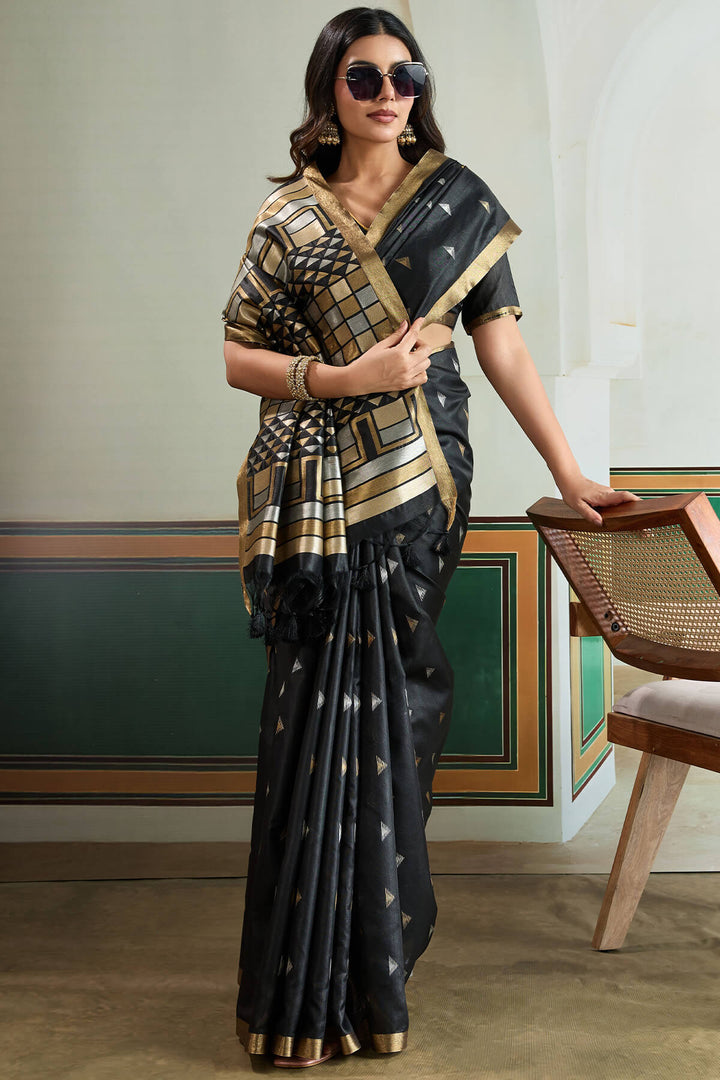 Carbon Black Woven Tussar Silk Saree