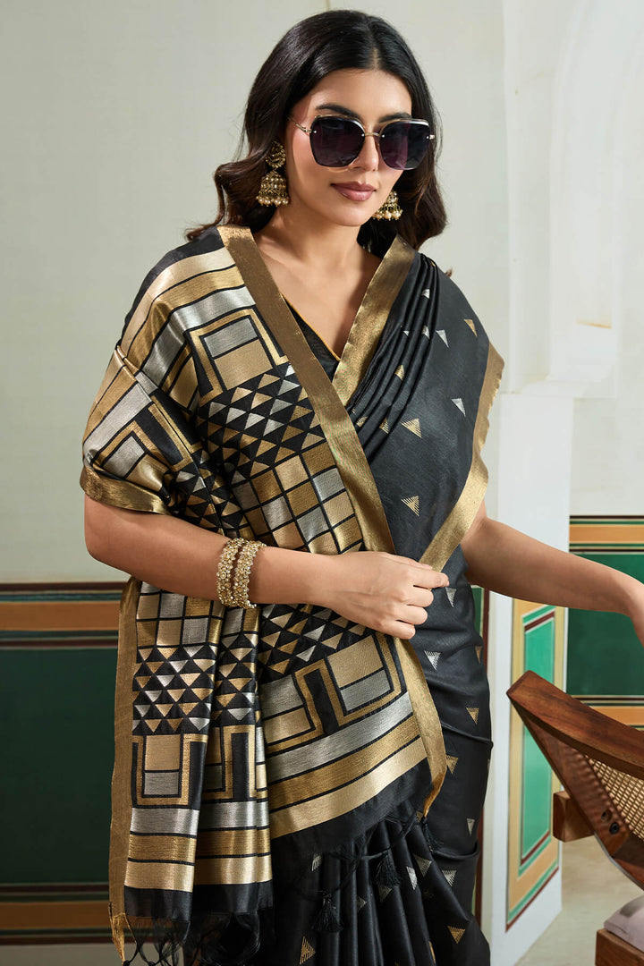 Carbon Black Woven Tussar Silk Saree