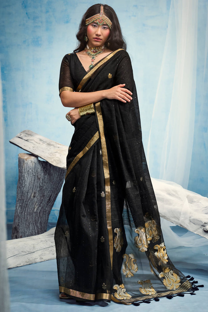 Carbon Black Zari Woven Pure Munga Cotton saree