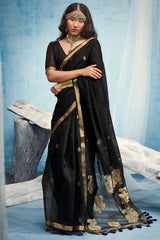 Carbon Black Zari Woven Pure Munga Cotton saree