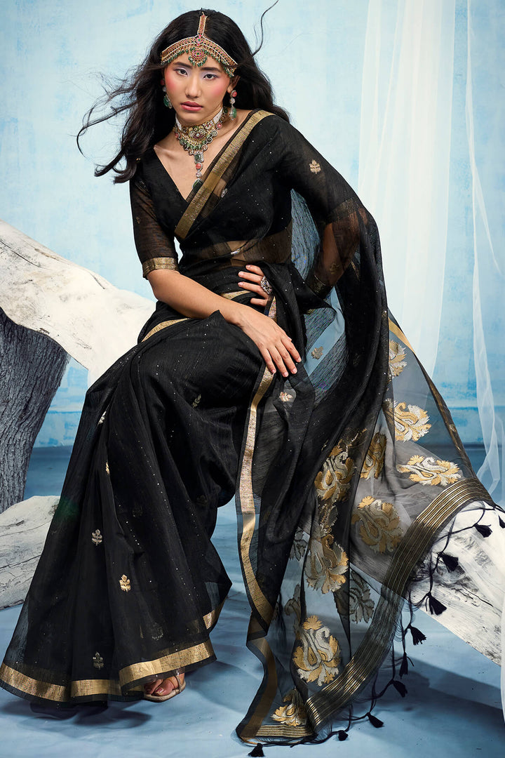 Carbon Black Zari Woven Pure Munga Cotton saree